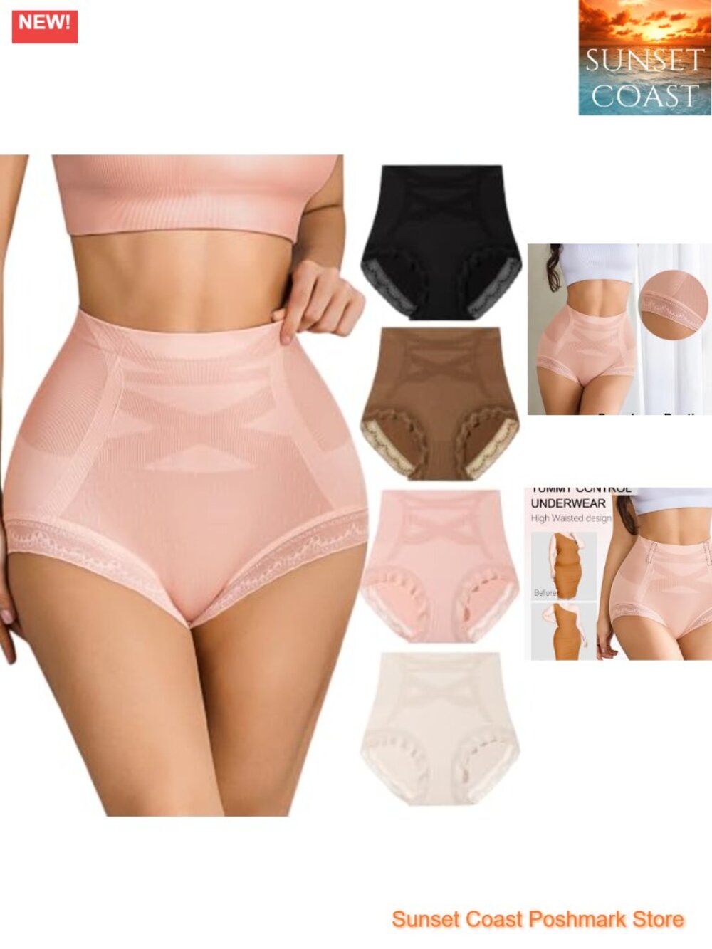 Women's High Waist Tummy Control Seamless No Show Lace Briefs Shapewear Panties